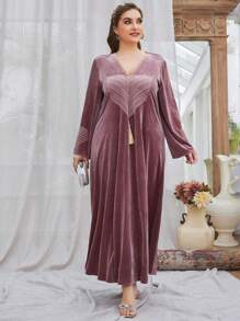 Women Plus Size V-Neck Long Sleeve Velvet Patchwork Striped Tassel Design Dress