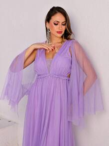 Cape Sleeve Braided Long Dress - 紫丁香色 - 查看 4