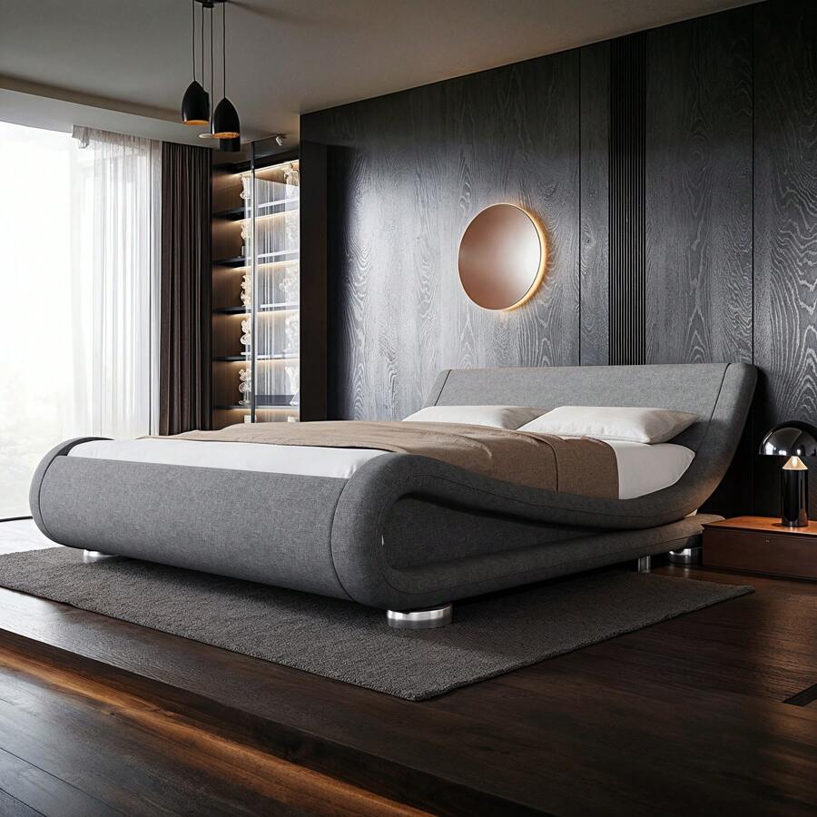 Allewie Full/QueenKing Size Bed Frame With Ergonomic & Adjustable Headboard, Low Profile Modern Upholstered Platform Sleigh Design - Easy Assembly, No Box Spring Required, Black/White/Grey * Bed Frame Queen Queen Bed Frame Bed Frame Full Full Size Bed Frame King Size Bed Frame Twin Bed Frame Room Decor Home Decor Christmas Decor Bedroom Decor Valentine Day Decor Storage Living Room Decor Furniture House Decor - 灰色 - 查看 1