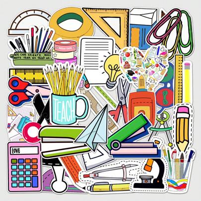 50pcs/Set INS Style Cartoon Stationery Decals, DIY Craft Stickers For Luggage, Skateboard, Refrigerator, Phones Back To School