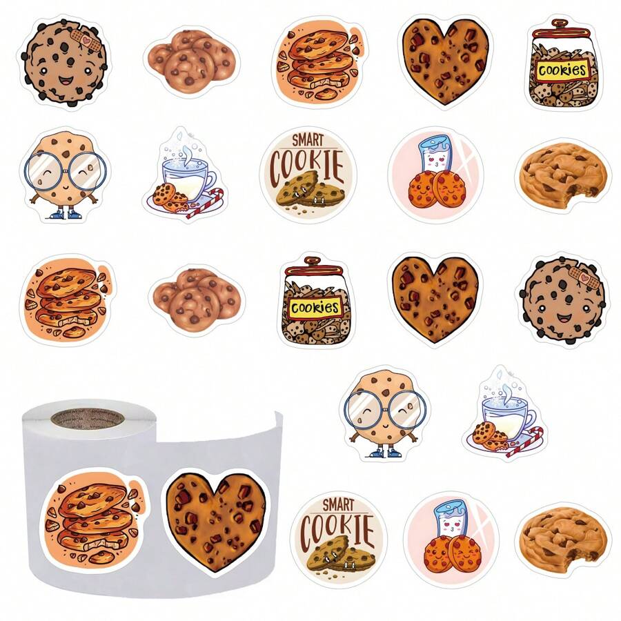 500pcs/Roll (10 Designs Per Roll) Cookie Biscuit Doodle Stickers, Suitable For Laptop, Skateboard, Refrigerator, Notebook, Helmet, Motorcycle, Water Bottle, Phone, Guitar, Scrapbook, Party Decoration Gifts - Orange - View 1