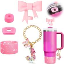 Set de 5 accesorios para tazas de 30oz y 40oz, decoraciones con iniciales para tumblers, que incluye tapa y funda de silicona para pajita, tapa a prueba de derrames, y dije para asa