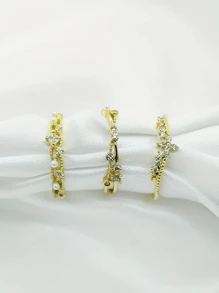 Set de 3 anillos abiertos ajustables con diseño de corona cruzada, de aleación de cobre y circonita cúbica y perla falsa, adecuados para uso diario de mujeres - Amarillo Oro - Ver 4