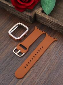 適用於 錶帶與錶殼尺寸 40mm 41mm 42mm 44mm 45mm 46mm 49mm，柔軟舒適休閒運動矽膠錶帶搭配閃亮水鑽鑲嵌防震硬 PC 中空錶殼，相容 Series Ultra/12/11/9/8/7/6/5/4/SE，適用於 女款時尚錶帶與錶殼 - 玫瑰金 - 查看 7