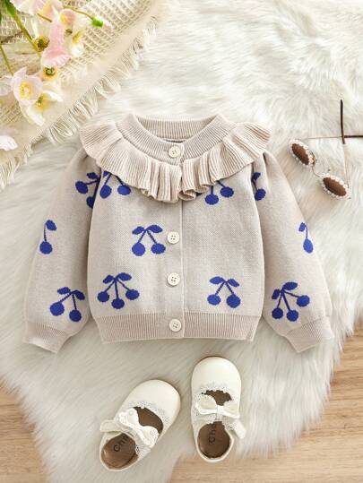 1 件装女婴樱桃印花荷叶边领开衫毛衣宽松保暖外套适合婴幼儿，秋冬季