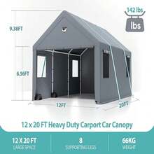 Sannwsg 12 * 20 Heavy Duty Carport Canopy - Extra Large Portable Car Tent Garage With Roll-Up Windows And All-Season Tarp Cover,Metal Roof &Side Walls For Car, SUV,Boats&Truck Shelter Logic Storage - 灰色 - 查看 6
