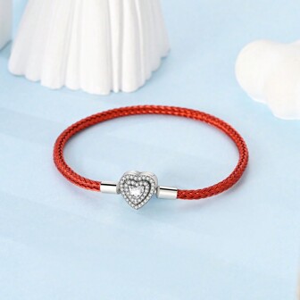 925 纯银手链 闪亮锆石心形扣蛇链 CZ 红色皮革手链 女士 DIY 吊坠珠子珠宝礼物