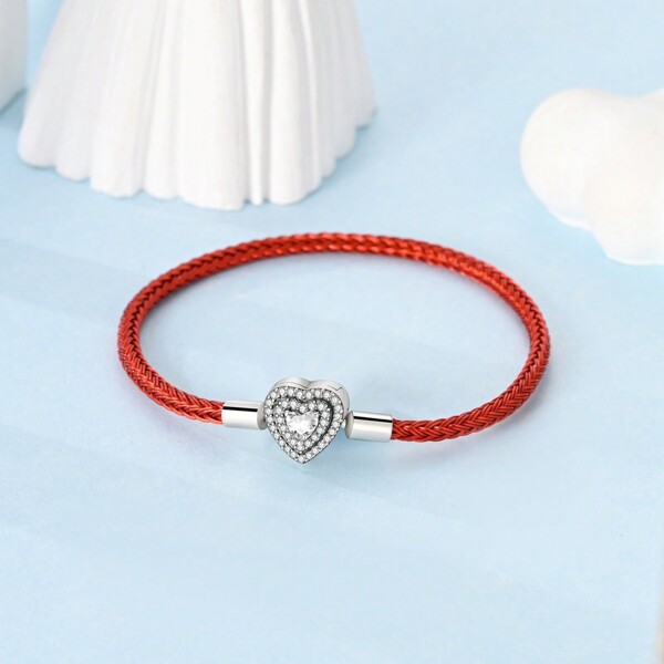 Pulsera de plata de ley 925 con encantos, hebilla con corazón brillante de circonita, cadena de serpiente, pulseras rojo CZ para mujeres, regalo de joyería con cuentas colgantes DIY