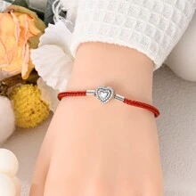 925 纯银手链 闪亮锆石心形扣蛇链 CZ 红色皮革手链 女士 DIY 吊坠珠子珠宝礼物 - 紅色 - 查看 2