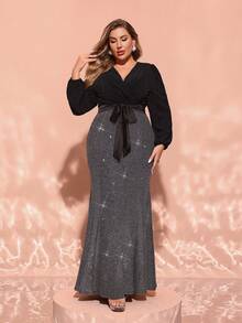 大码优雅拼色闪亮长裙，适合春秋季节 - 彩色 - 查看 3