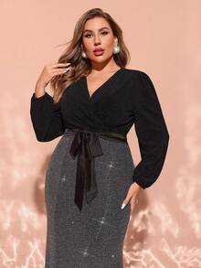 大码优雅拼色闪亮长裙，适合春秋季节 - 彩色 - 查看 6