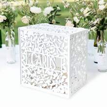 1set White Wedding Card Box For Reception, Hollow Wooden Gift Card Box With Slot, DIY Wedding Memory Money Card Box For Party Anniversary Shower Birthday Wedding Decorations