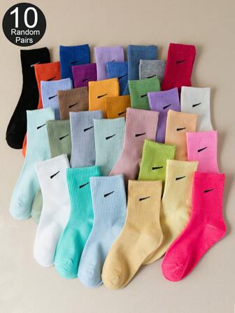 10 Pairs/20 Pairs Ladies' Random Color Solid One-Line Mid-Calf Socks, Soft Comfortable Moisture-Wicking Simple Versatile Colorful Socks, Best Quality Socks