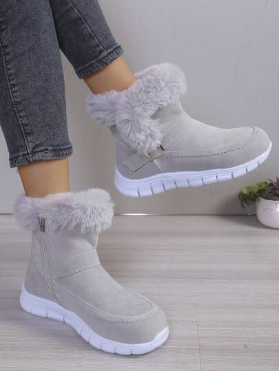 Thick Sole Short Snow Boots, Platform Flat Short Shaft Winter Warm Fluffy Women Shoes