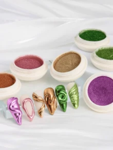 6pcs Metal Nail Powder Set, Y2K Mirror Gold & Silver Decorative Glitter Nail Art Accessories, Powder, Suitable For Women & Girls Nail Decoration DIY, 6 Colors Home Salon Kit - 彩色 - 查看 2