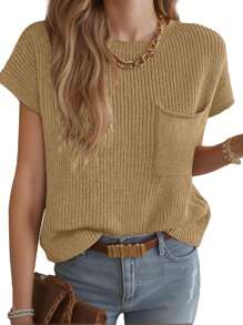 Womens Cap Sleeve Tops Casual Crew Neck Sweater Vest Ribbed Knit Pullover - Màu Khaki - Xem 3