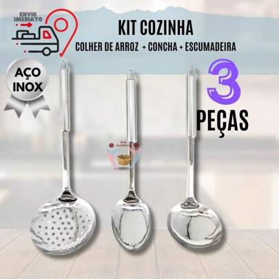 Kit 3 Peças  Utensilios Para Cozinha Aco Inox Grande Escumadeira Concha  Colher Arroz Feijão Frituras