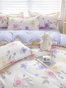 4pcs Bedding Set With Printed Double-Sided Design, Including 1pc Duvet Cover, 1pc Flat Sheet, 2pcs Pillow Cases. Soft Flannel Fabric, Warm, Washable, Antibacterial, Suitable For Bedroom, Guest Room, Dormitory, Unisex, 4-Season Use