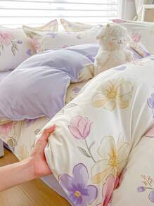 4pcs Bedding Set With Printed Double-Sided Design, Including 1pc Duvet Cover, 1pc Flat Sheet, 2pcs Pillow Cases. Soft Flannel Fabric, Warm, Washable, Antibacterial, Suitable For Bedroom, Guest Room, Dormitory, Unisex, 4-Season Use
