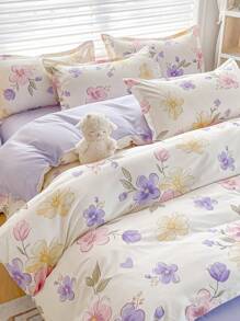 4pcs Bedding Set With Printed Double-Sided Design, Including 1pc Duvet Cover, 1pc Flat Sheet, 2pcs Pillow Cases. Soft Flannel Fabric, Warm, Washable, Antibacterial, Suitable For Bedroom, Guest Room, Dormitory, Unisex, 4-Season Use