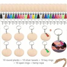 30 件/40 件/套木制 DIY 钥匙扣套件 - 长方形积木和圆形钥匙扣，带流苏，情侣钥匙扣吊坠套装，适合返校、母亲节、妈妈礼物、返校、学校用品 - 彩色 - 查看 7