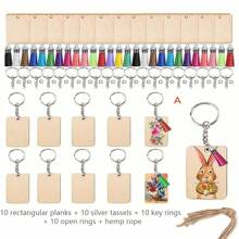 30 件/40 件/套木制 DIY 钥匙扣套件 - 长方形积木和圆形钥匙扣，带流苏，情侣钥匙扣吊坠套装，适合返校、母亲节、妈妈礼物、返校、学校用品 - 彩色 - 查看 6