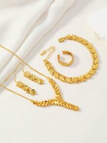 4 件/套 24K 镀金铜麦穗链女式首饰套装，包括 1 条项链、1 条手链、1 对耳环、1 件戒指 - 金黃色 - 查看 3