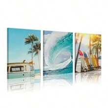 3pcs Framed Canvas Poster, Seaside Beach Surfboard Painting, Canvas Wall Art, Artwork Wall Art Gifts, Bedroom, Office, Living Room, Cafe, Bar, Wall Decoration, Home And Dorm Decoration Birthday Graduation Coastal Decor Coastal Decor Beach Decor