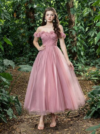 Faeriesty Prom Dresses Off Shoulder Lace Up Back Floral Applique Decorated Tulle Prom Homecoming Dress