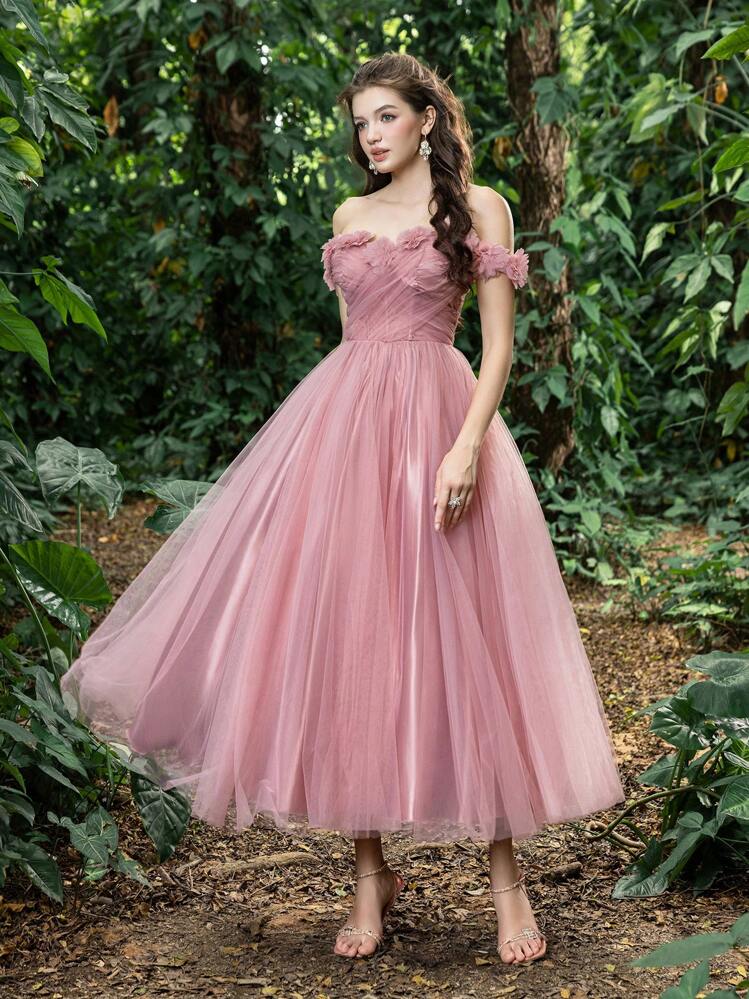 Elisanya Vestido de tul elegante para fiesta, graduación o boda invitada con aplicaciones florales, cierre de cordones en la espalda y escote hombros descubiertos - Rosa vieja - Añade 3