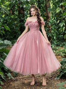 Faeriesty Prom Dresses Off Shoulder Lace Up Back Floral Applique Decorated Tulle Prom Homecoming Dress
