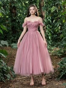 Faeriesty Prom Dresses Off Shoulder Lace Up Back Floral Applique Decorated Tulle Prom Homecoming Dress