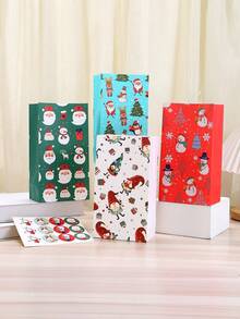 12/24pcs/Set 24*13*8CM Elegant Christmas Kraft Paper Snowman & Snowflake Pattern Candy Gift Bags With 1pc Sticker Christmas Decorations Christmas Decor Christmas Gifts Christmas Party Supplies Christmas Gift Bags Christmas Bags Christmas Stickers