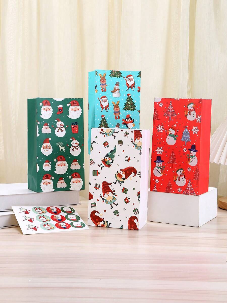12/24pcs/Set 24*13*8CM Elegant Christmas Kraft Paper Snowman & Snowflake Pattern Candy Gift Bags With 1pc Sticker Christmas Decorations Christmas Decor Christmas Gifts Christmas Party Supplies Christmas Gift Bags Christmas Bags Christmas Stickers