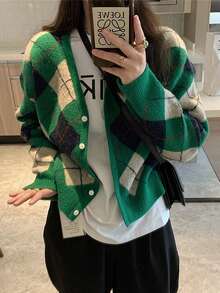 休闲 V 领复古菱形格子针织开衫、长袖上衣 - 綠色 - 查看 5