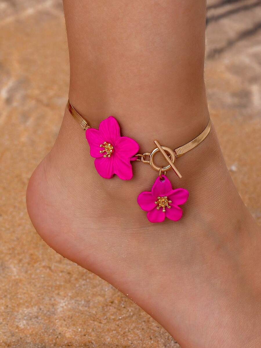 1pc Fashionable White Floral Spray Painting Elegant Simple Anklet For Women, Suitable For Party & Holiday - Hot Pink - View 1