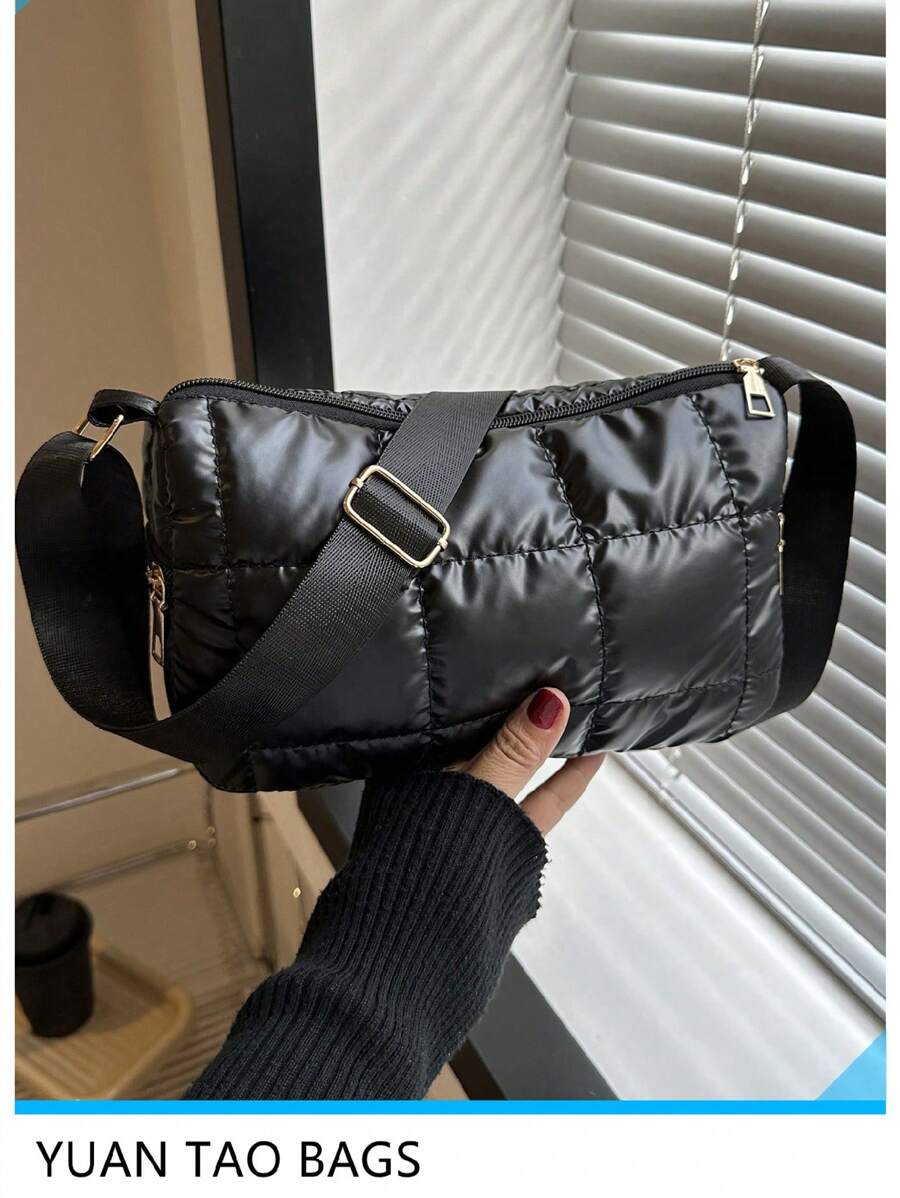 1pc Quilted Checkered Polyester Fiber Shoulder Bag With Zipper Closure And Glossy Surface, Suitable For Women's Daily Use - Black - View 1