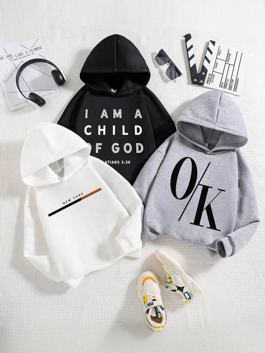 3pcs Young Boy Letter Print Warm Hoodies Set - Multicolor - View 1