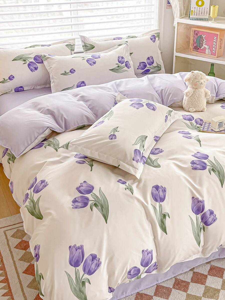 4pcs Bedding Set, Double-Sided Printed Quilt Cover, Flat Sheet & 2 Pillowcases, Soft Brushed Fabric, Fade-Resistant, Anti-Bacterial, Warm, Suitable For Bedroom, Guest Room, Dorm Room, For All Seasons