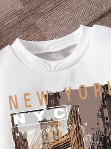 青少年男孩风景印花圆领长袖上衣和纯色裤子 2 件套 - 白色 - 查看 3