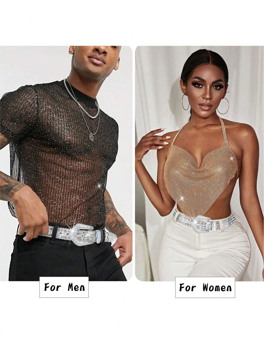 rongkepolo Thắt lưng trang trí đá Rhinestone, thắt lưng phong cách Y2K, thắt lưng BB Unisex, thắt lưng cao bồi miền Tây sang trọng cho nam và nữ, phù hợp cho thời trang thường ngày, tiệc tùng và lấp lánh cá nhân hóa - Bạc - Xem 1
