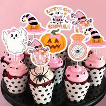 24 chiếc mũ cupcake trang trí tiệc độc thân Halloween, mũ cupcake Let's Go Ghouls màu cam và hồng cho tiệc độc thân kiểu phương Tây Halloween, đồ dùng trang trí bánh - Nhiều màu - Xem 5