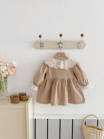 Vestido de manga larga, estilo universitario, con cuello Peter Pan calado, para niñas pequeñas, para primavera y otoño, talla grande
