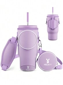 1 pieza Funda aislada de neopreno para botella de agua, con correa para el hombro, portavasos portátil, accesorio de moda, diseño de patrón rosa, cubierta protectora para botella de agua - Morado - Ver 4