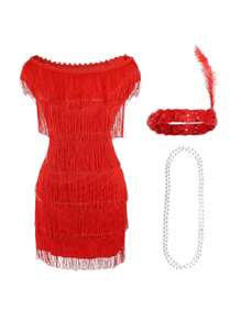 I LOVE FANCY DRESS Ladies Red Flapper Dress Bead Necklace Feather Headband 1920's Deluxe Costume Flapper Gatsby Party Fancy DressBlock PrintFabric
