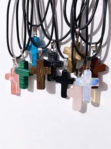 1 pieza Collar de cordón con colgante de cruz de piedra natural, simple y de moda, adecuado para uso diario