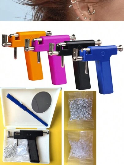 98pcs/Set Reusable Professional Ear Piercing Gun Kit - Includes Approx. 98pcs Steel Earring Studs + Ear Stoppers, Suitable For Ear, Nose And Navel Piercing, Beauty Tools And Student Piercing Accessories