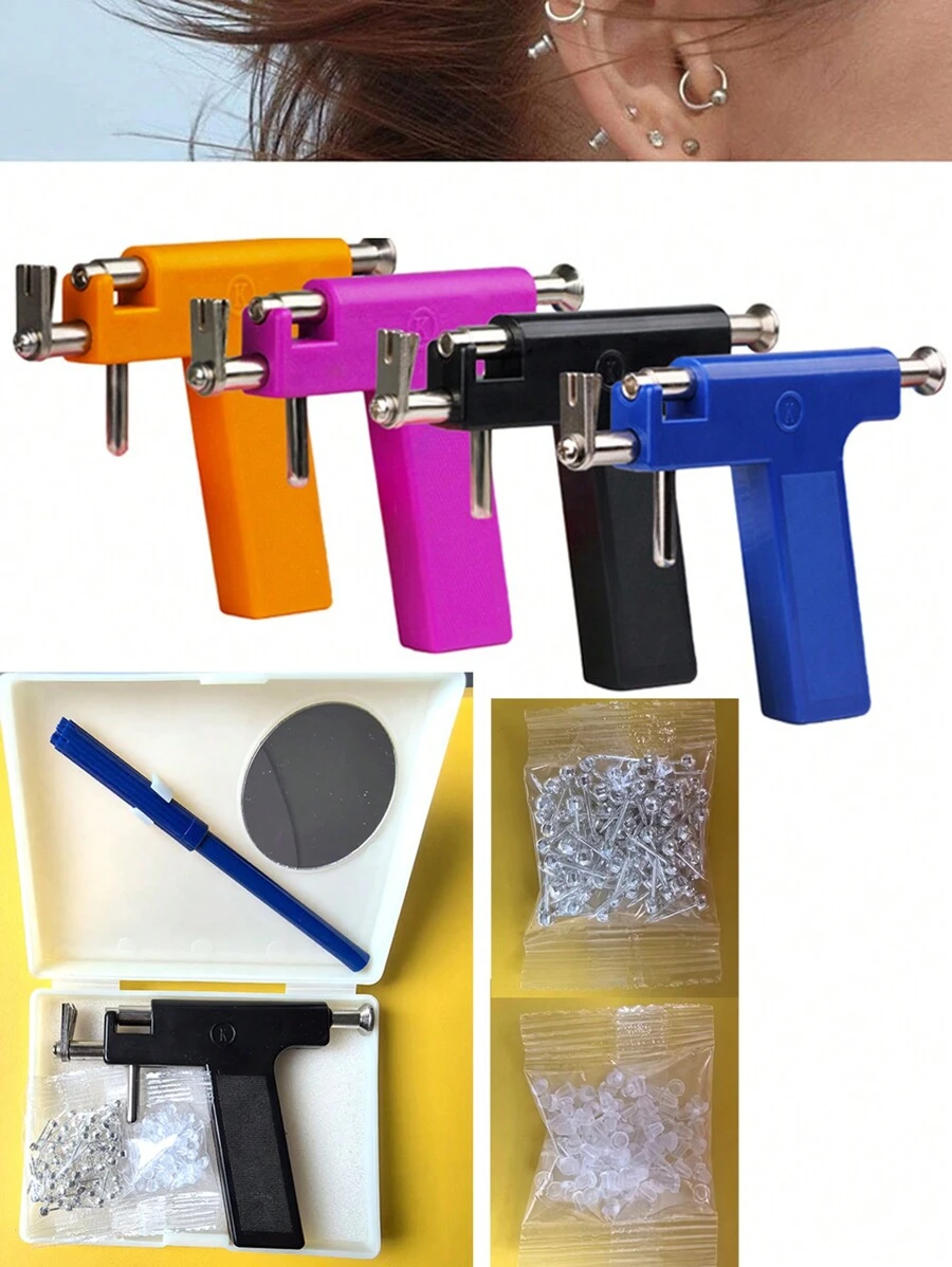 Set de 98 piezas/Juego de pistola profesional reutilizable para perforar orejas - Incluye aproximadamente 98 piezas de pendientes de acero + topes para orejas, adecuado para perforación de orejas, nariz y ombligo, herramientas de belleza y accesorios de perforación para estudiantes - Celeste - Ver 1