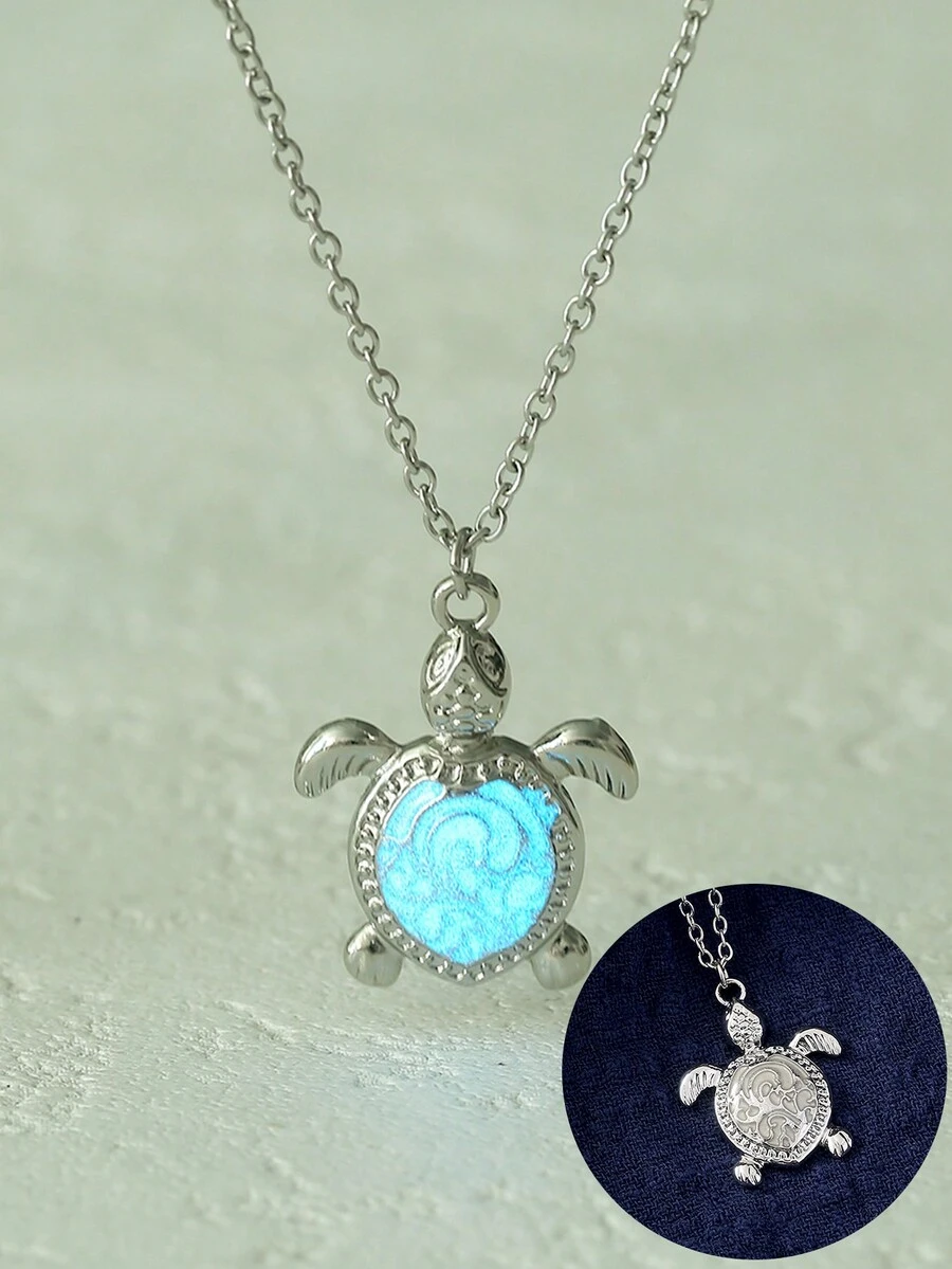 1 pieza Collar colgante de tortuga de mar que brilla en la oscuridad, simple y creativo, decoración de tortuga, regalo de joyería de vacaciones para niñas - Plateado - Ver 1