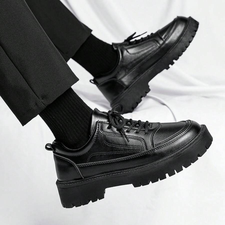 男士中老年厚底运动鞋，系带，软底，防臭鞋垫，防滑外底，适合秋冬季正式和休闲穿着 - 黑色 - 查看 1